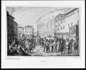 Piazza Montanara under karnevalen, c. 1775. Gravyr av David Allen.